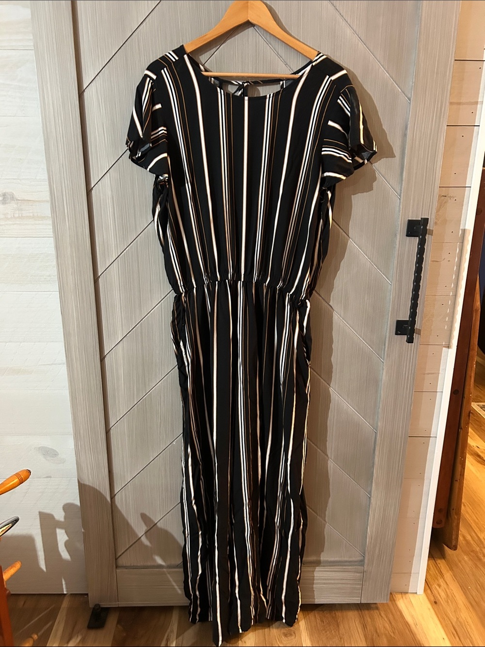 Time and Tru Black/White/Gold Vertical Stripe Wide-Leg Jumpsuit